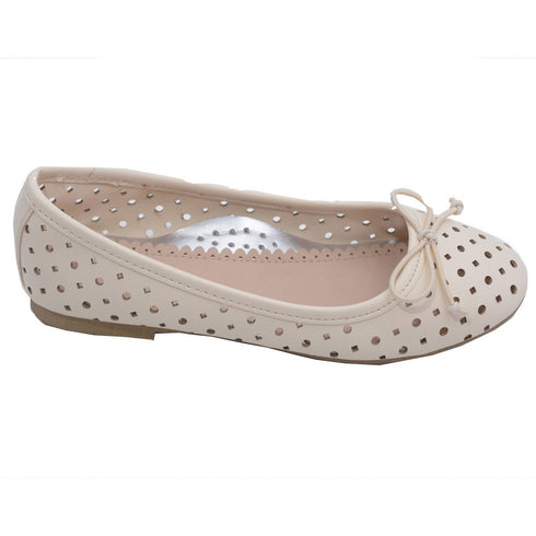 L'Amour Little Big Kids Girls Ecru Perforated Bow Ballet Flats 11-4 Kids - SophiasStyle.com